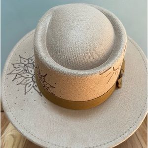 Hand burned wide brim hat
